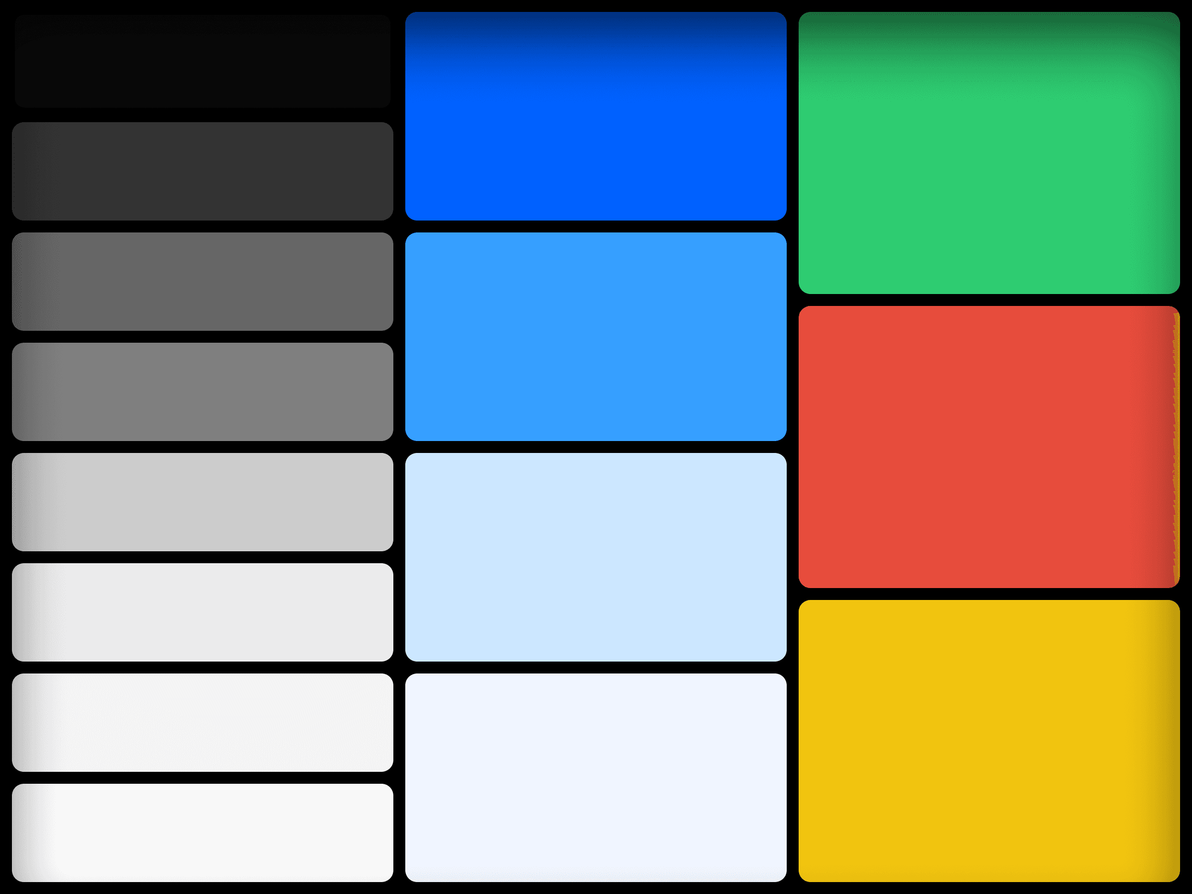 Сетка с оттенками серого по левой стороне и сплошными прямоугольниками синего, зелёного, красного и жёлтого цветов по правой стороне, создающая впечатление современного и красочного дизайна.