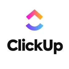 ClickUp logo featuring a geometric 'C' in purple, pink, and orange gradients with black company name below