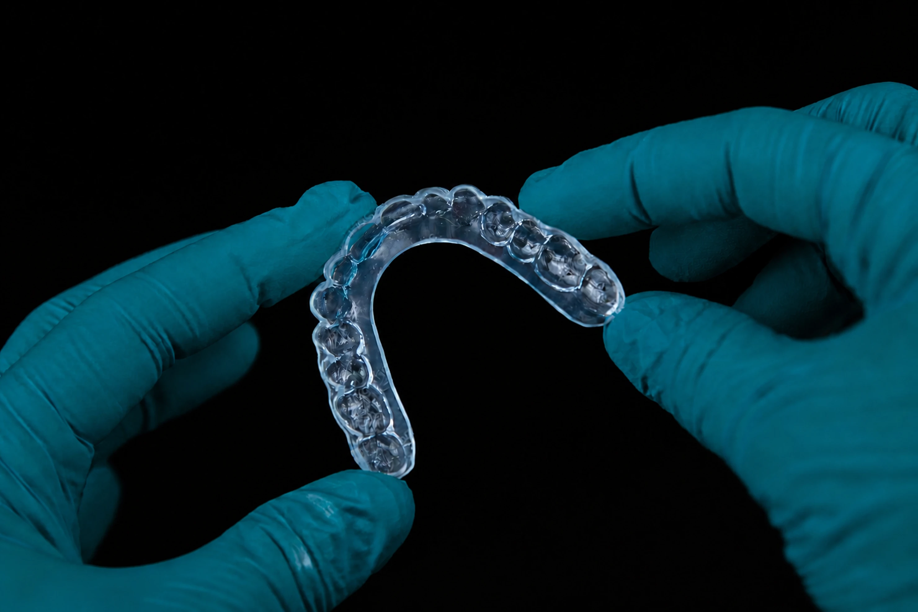 Hands in teal surgical gloves holding a clear removable invisible aligner tray for teeth straightening.