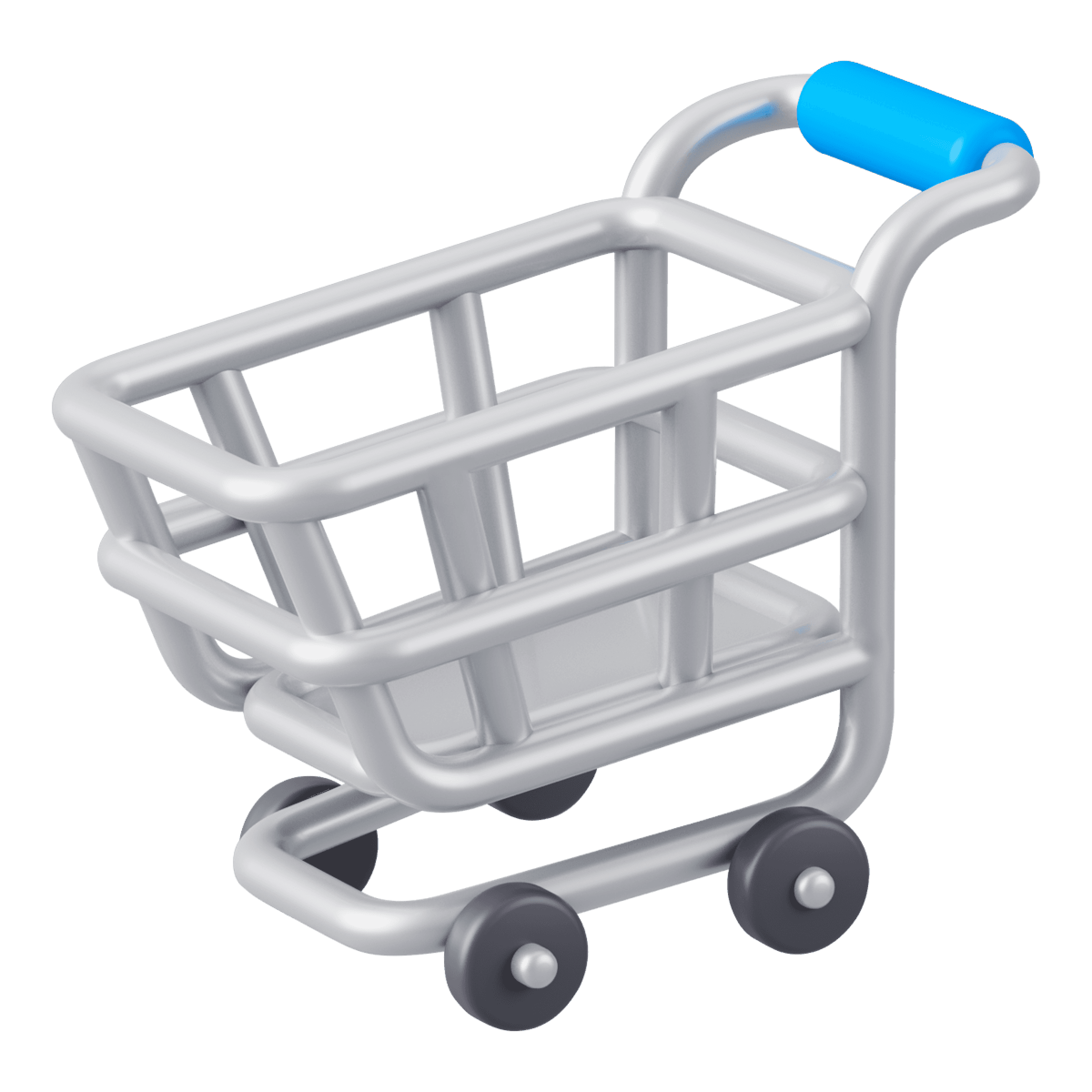 A small silver shopping cart with a blue handle, typically used for grocery or online shopping.