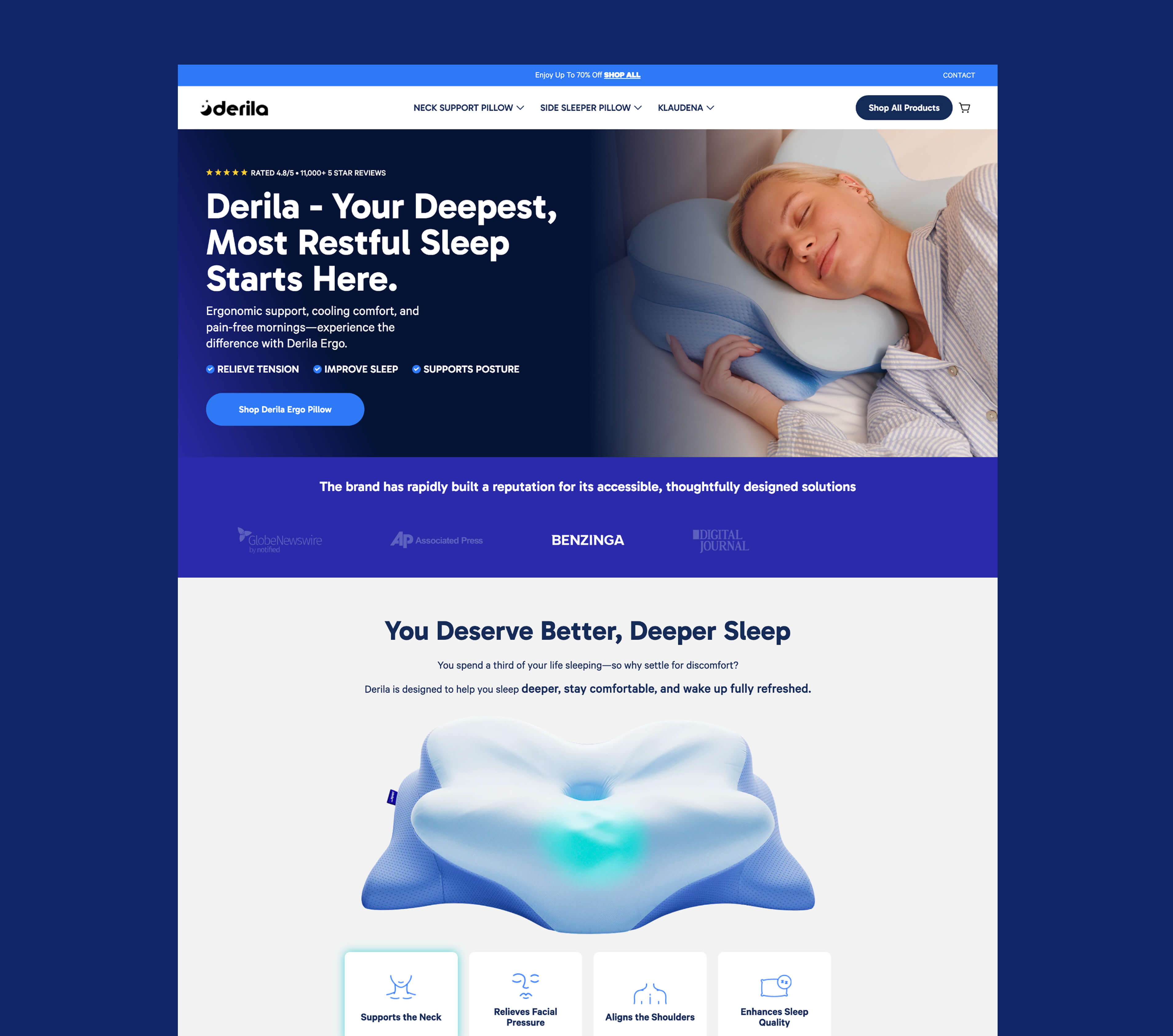 Derila pillow website homepage with product imagery and branding