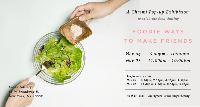 A poster with a photo of two hands, a plate with salad. On it there is a text: Foodie Waaays To Make Friends.
