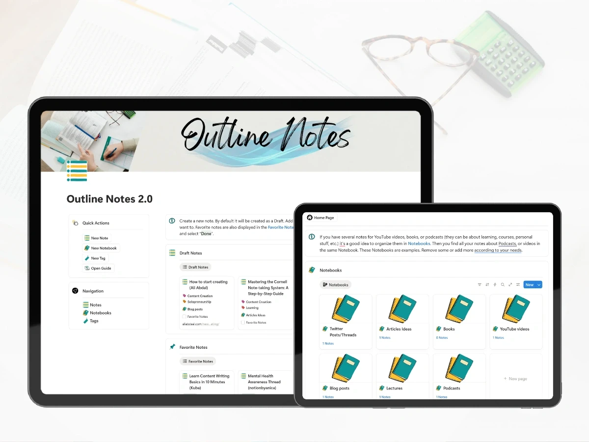 Outline Notes Notion template displayed on tablet and mobile devices, showing a structured outline format for note-taking and topic organization