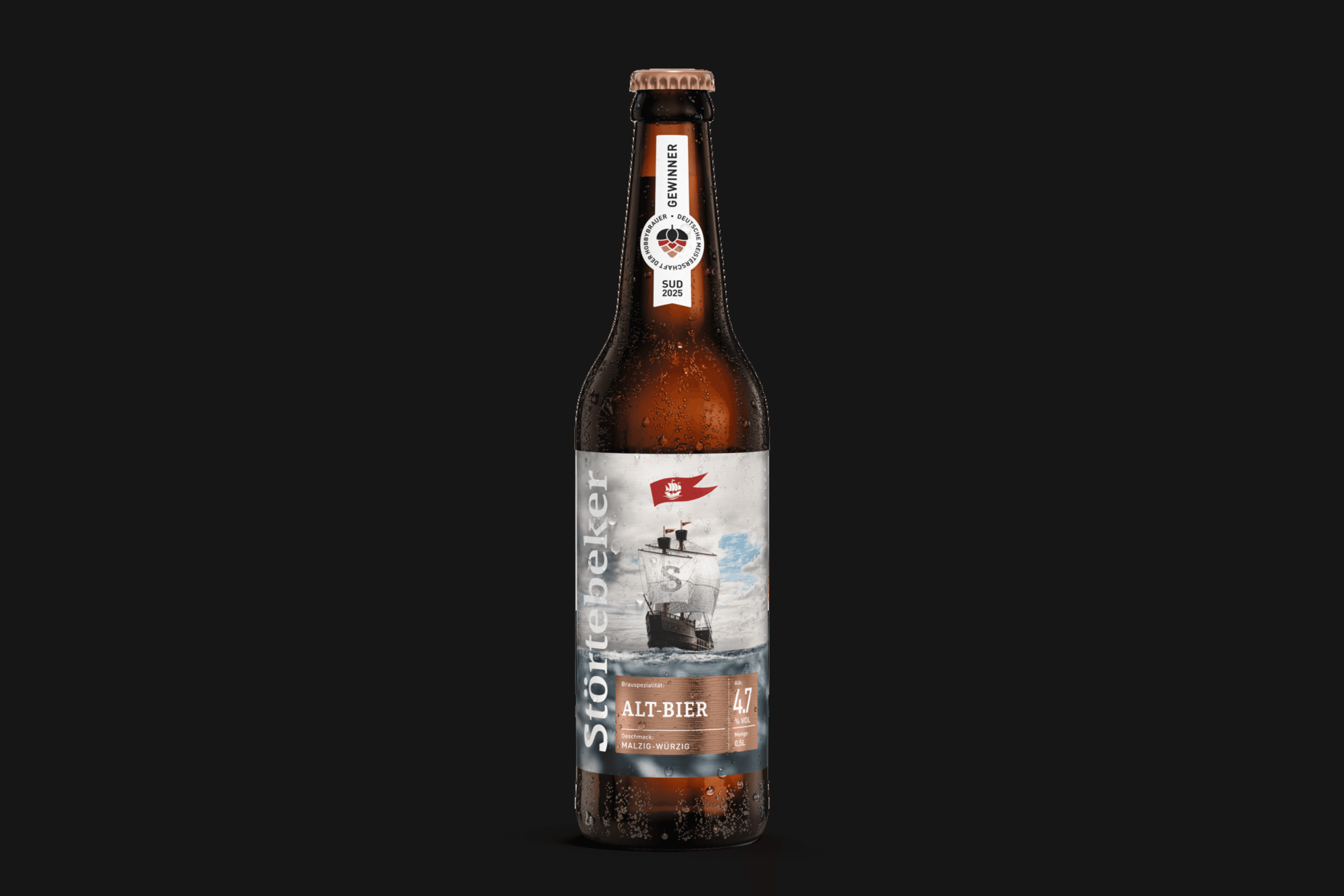 Störtebeker Alt-Bier bottle with ship label
