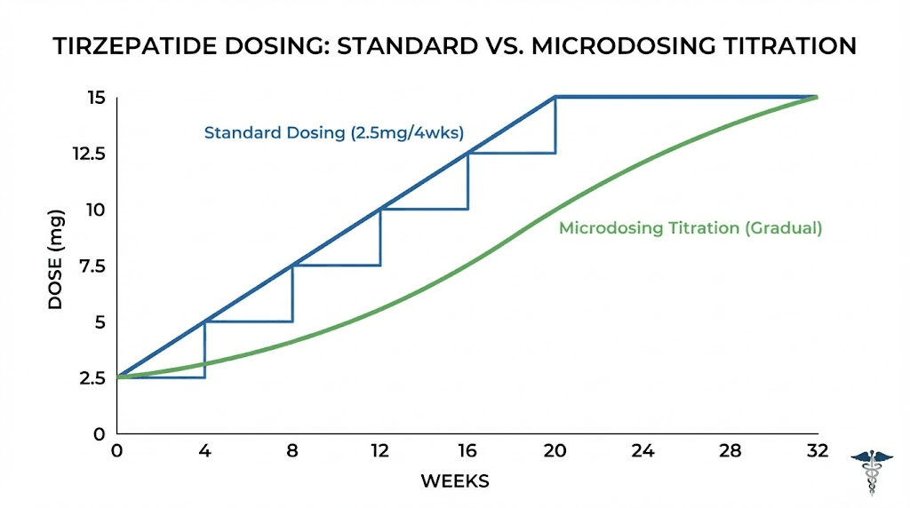 Microdosing tirzepatide chart comparing standard vs gradual titration schedule