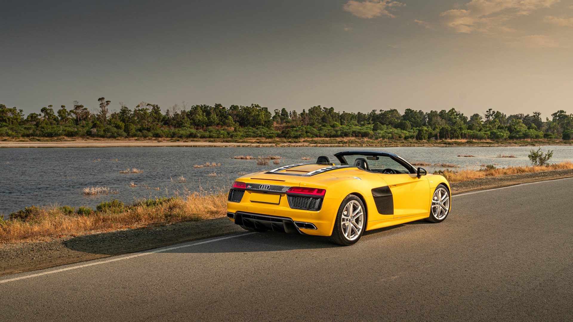 Yellow Audi R8 Spyder with the roof down, rear three-quarter view on a lakeside road, silver five-double-spoke wheels, with reed beds, water and a tree line under a soft warm sky.