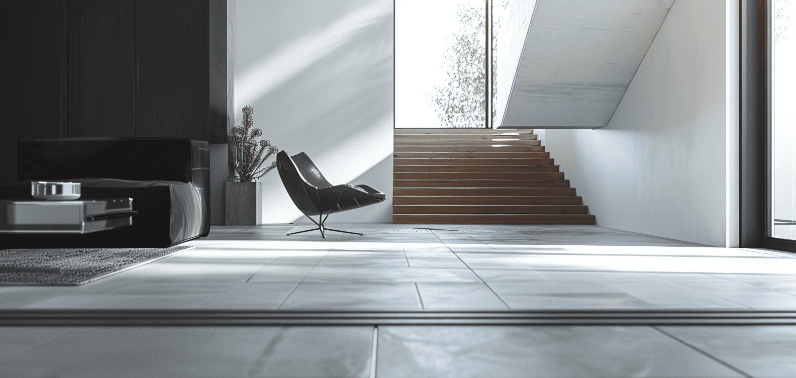 A serene bedroom with purple tones, a minimalist bed, wooden nightstands, and soft natural lighting.