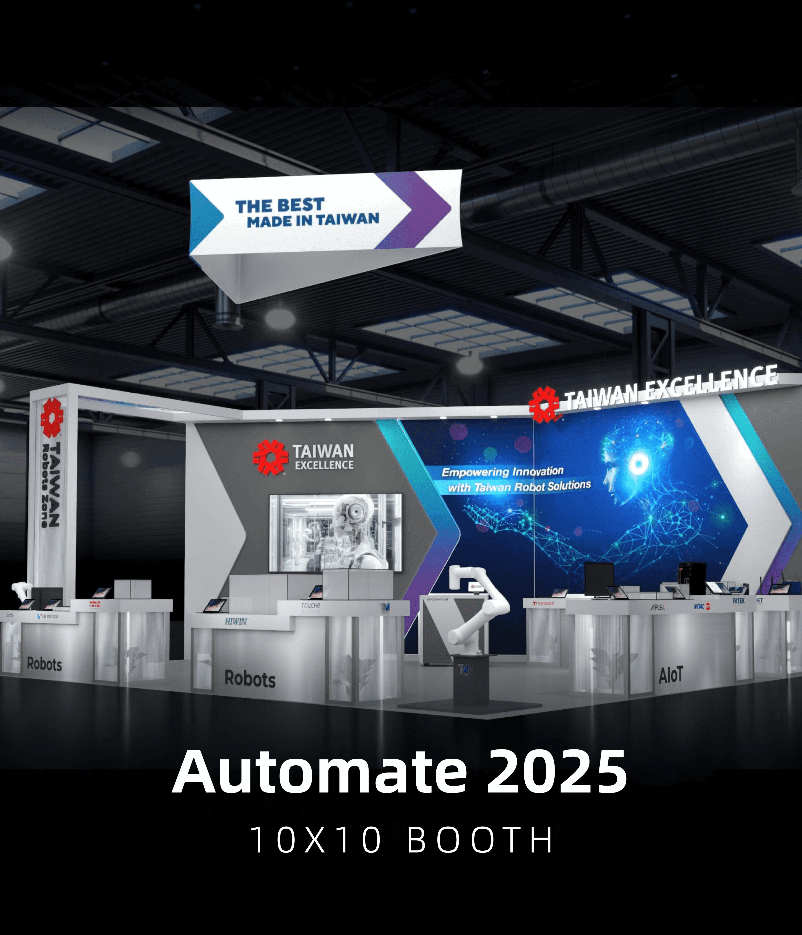 10x10 inline trade show booth with branded backwall graphics, product counters, and compact display layout