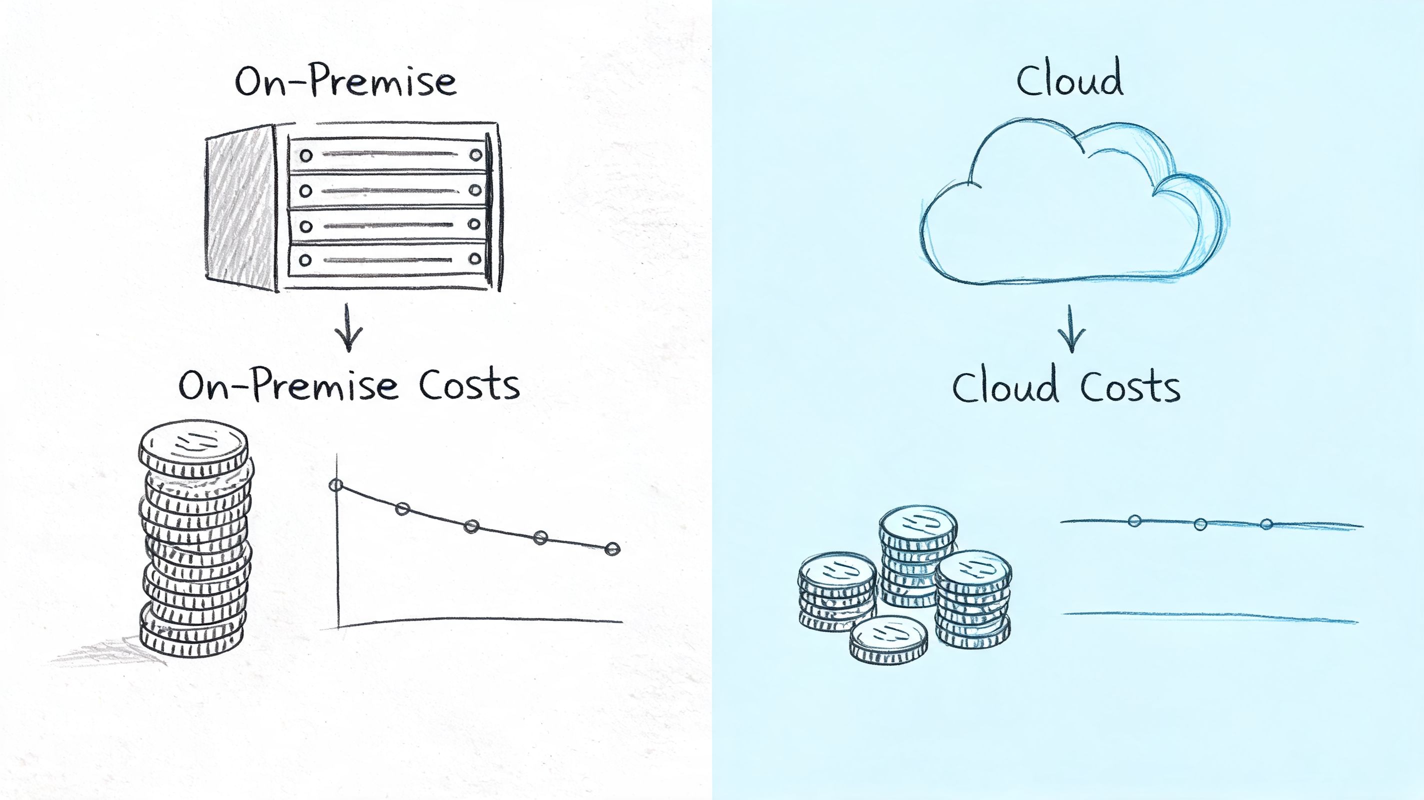 A hand-drawn comparison illustration showing on-premise infrastructure costs decreasing over time versus steady cloud computing costs.