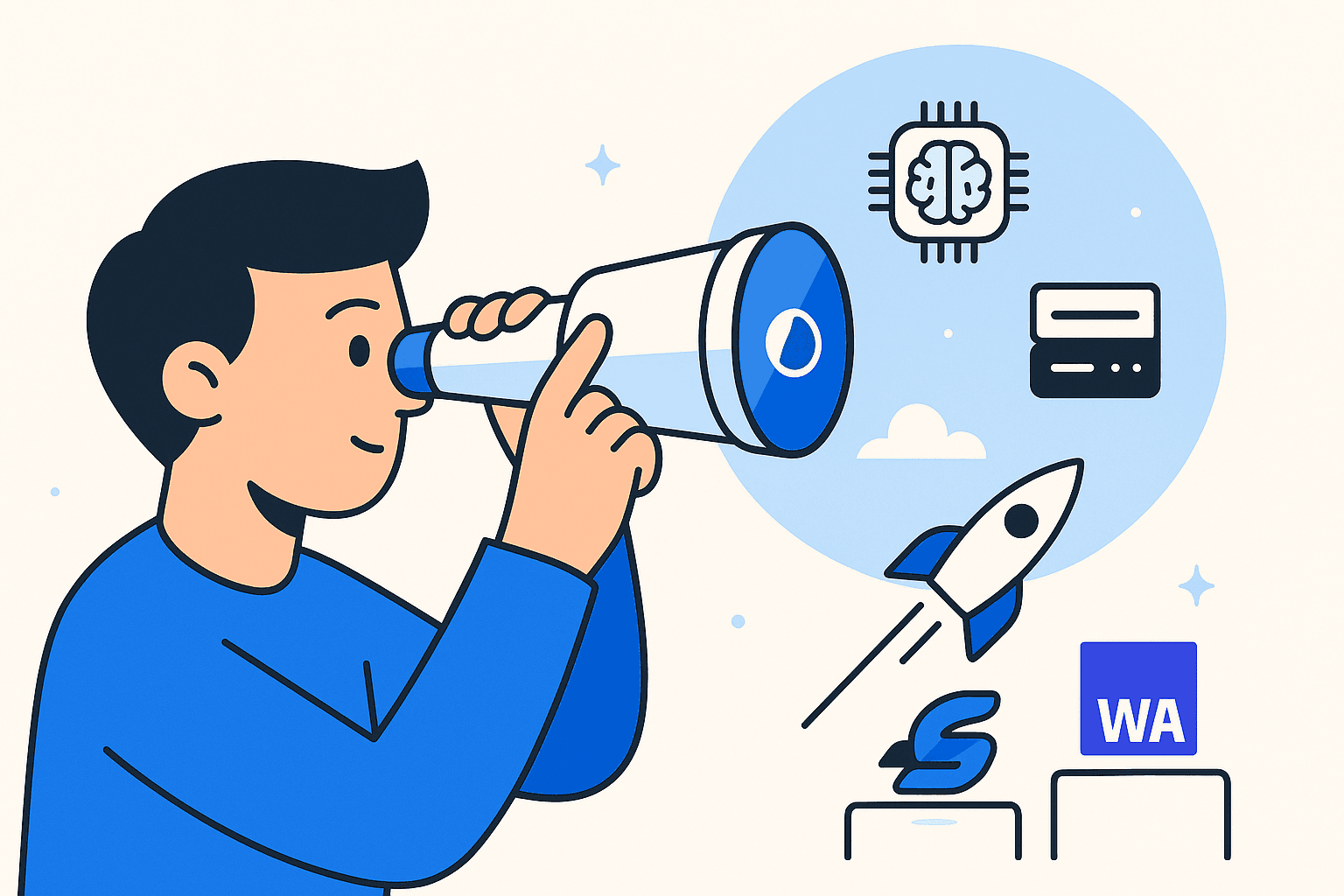Landscape vector illustration of a developer looking through a telescope, seeing futuristic icons—a brain chip for AI, a server for SSR, and a WebAssembly logo—symbolizing innovation and technology evolution.