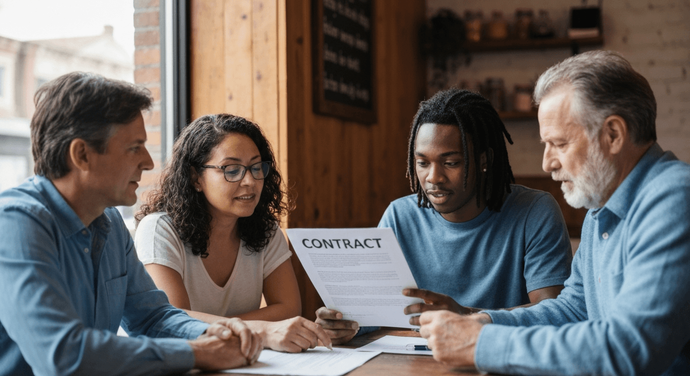 People discussing contract casually