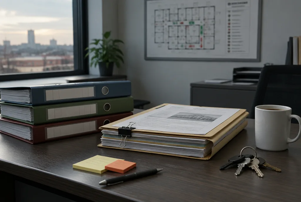 Three separate vendor binders on a facility manager's desk