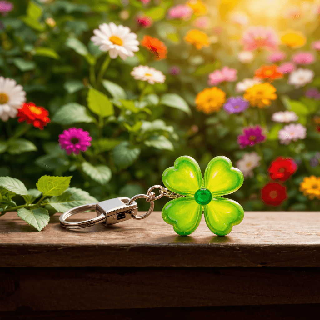 product photography of a keychain with a four-leaf clover design, used for decoration or as a charm