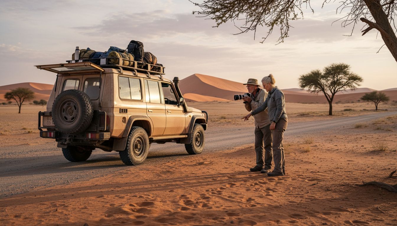 Viajeros junto al todoterreno en ruta safari