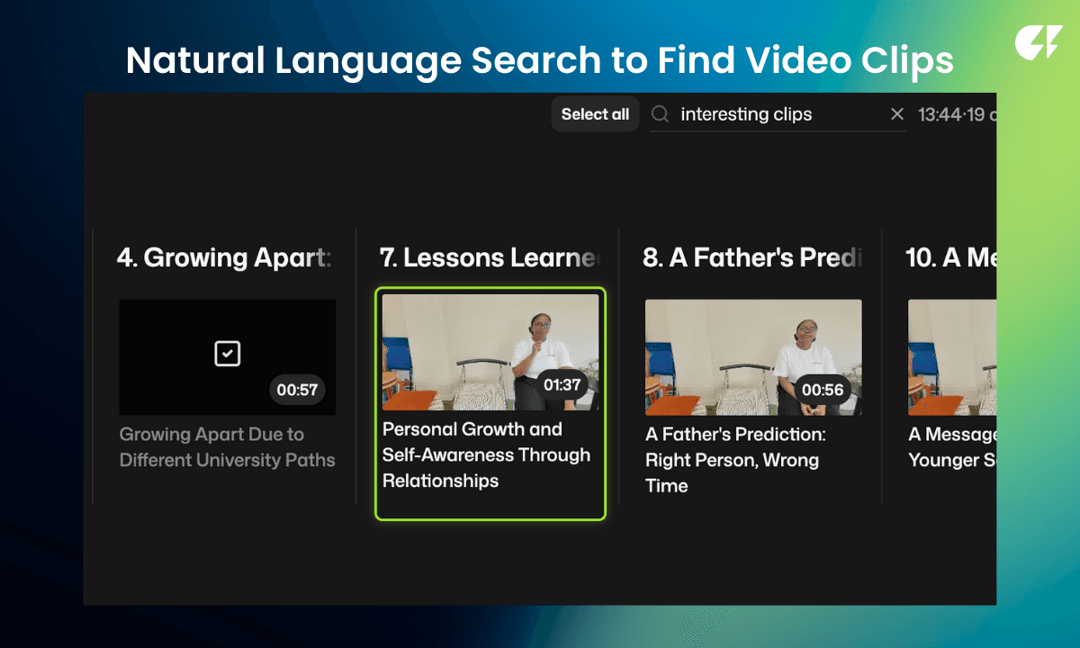 Screenshot of Selects’ natural language search interface showing AI-generated podcast video clips, with highlighted clip results such as “Personal Growth and Self-Awareness Through Relationships,” demonstrating how editors find soundbites automatically.