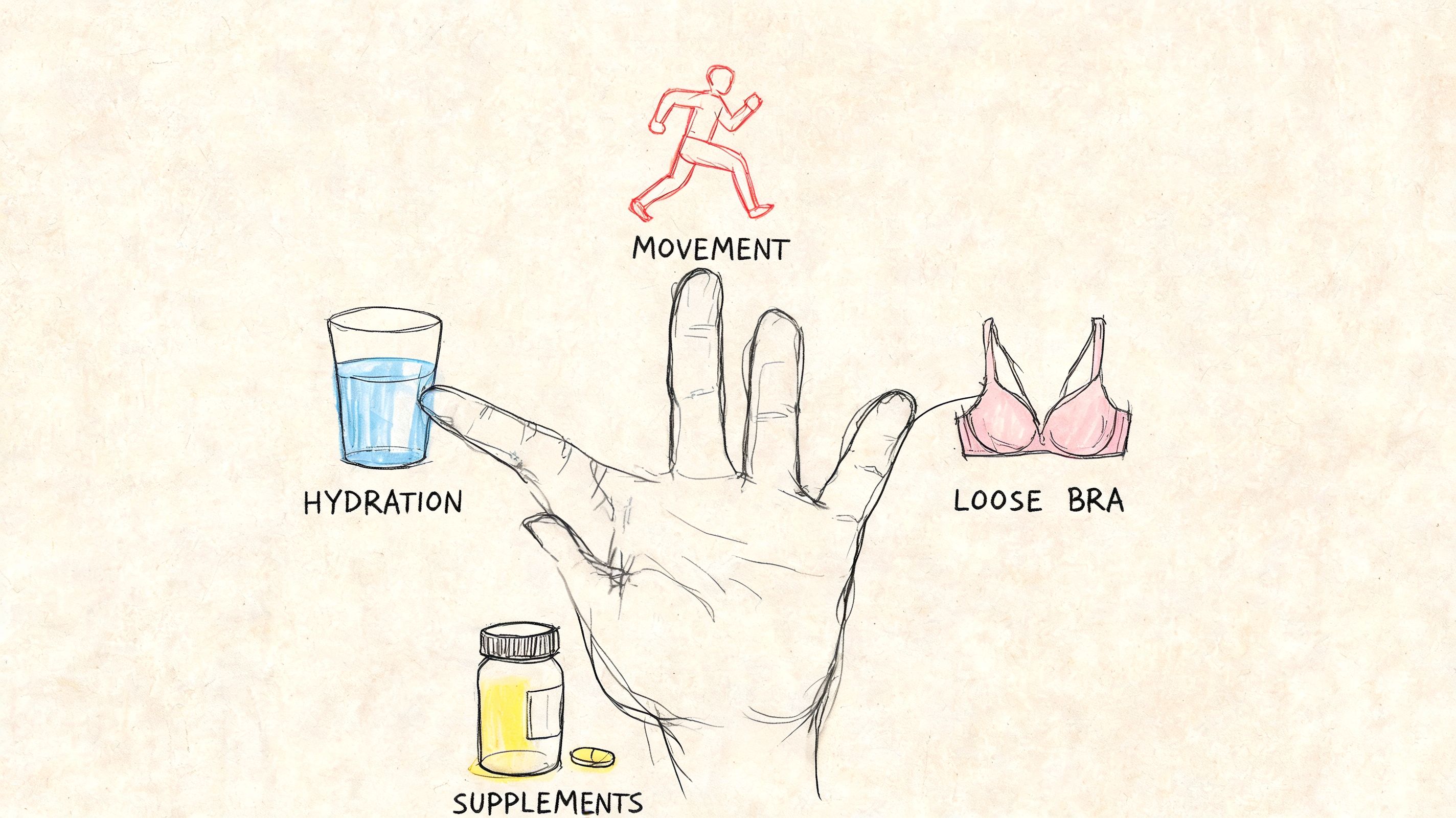 A hand-drawn illustration showing wellness tips for perimenopause sore breasts, including hydration, movement, supplements, and loose bras.