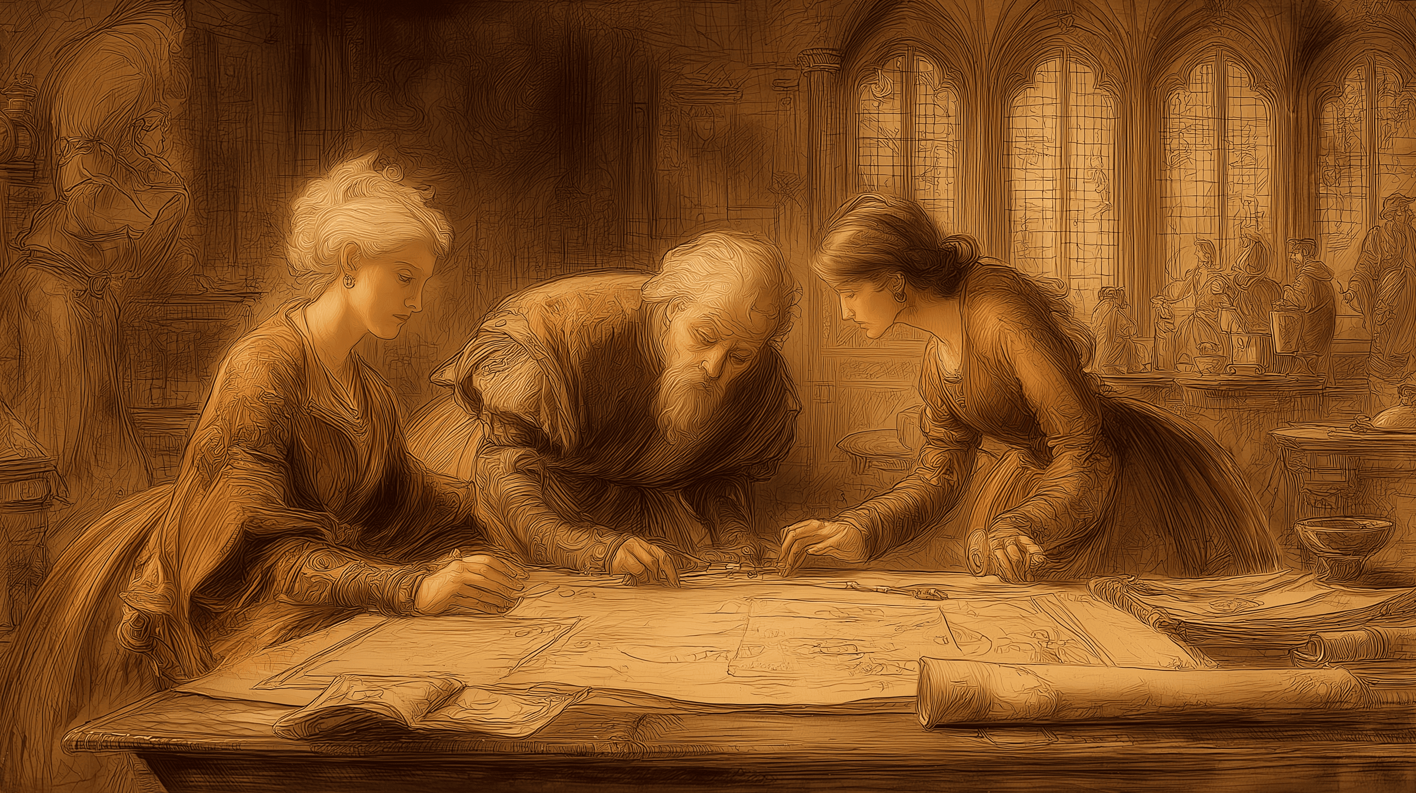 Renaissance-inspired atelier scene with three artisans sketching jewellery designs