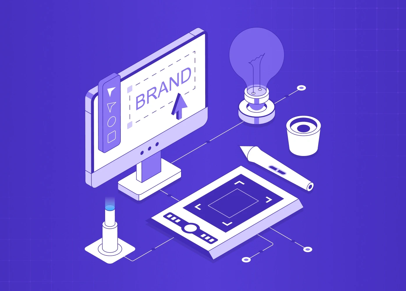 Isometric illustration of a digital design workspace featuring a desktop screen, tablet, stylus, and branding elements like icons and a lightbulb. 