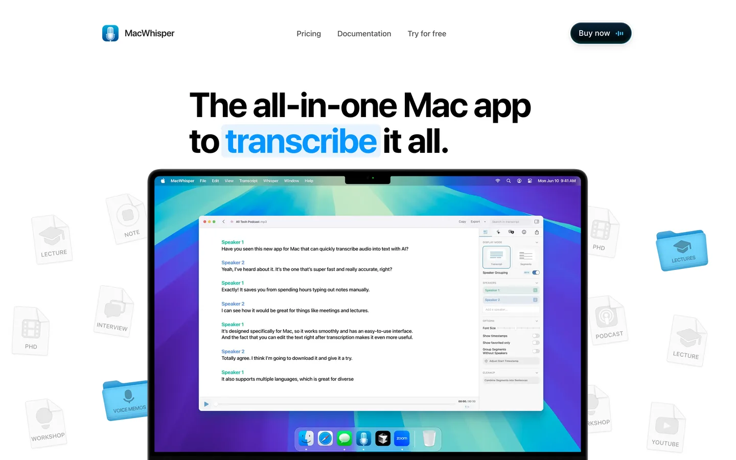 The MacWhisper website showing its all-in-one Mac transcription app