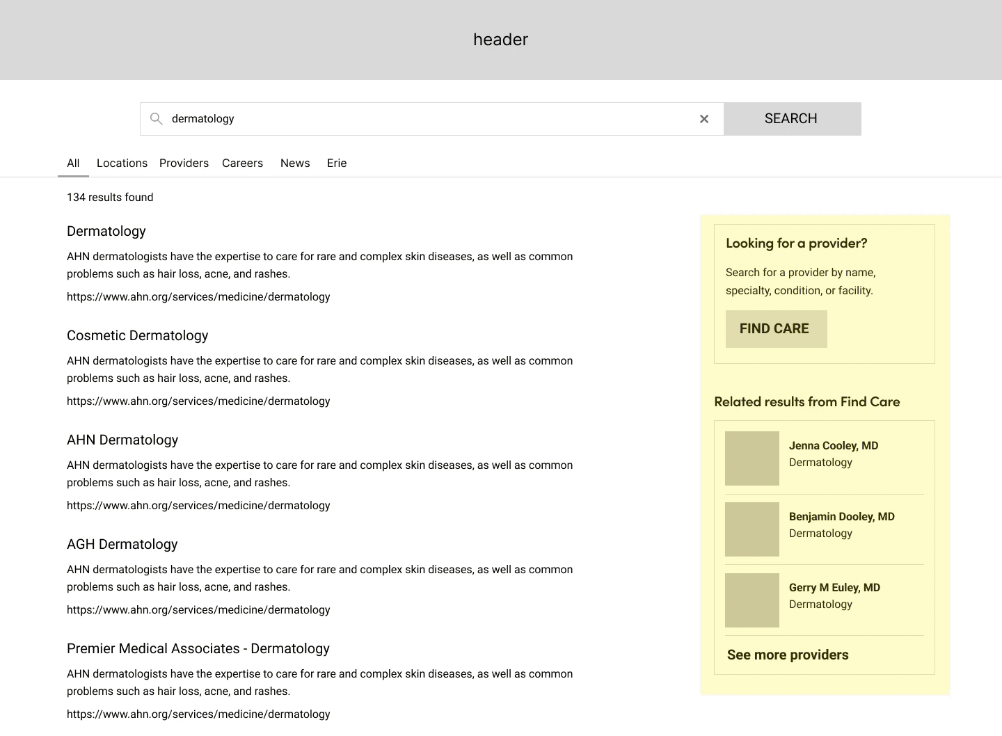 lofi prototype of search results for dermatology
