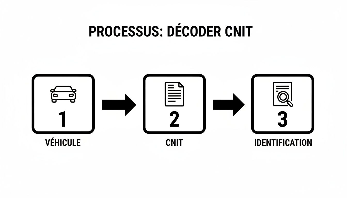Schéma du processus de décodage d'un CNIT en trois étapes: véhicule, CNIT, et identification.