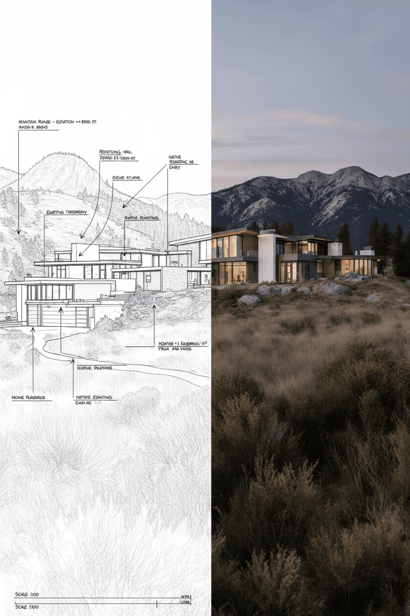 Architectural sketch of modern home with mountains in background.