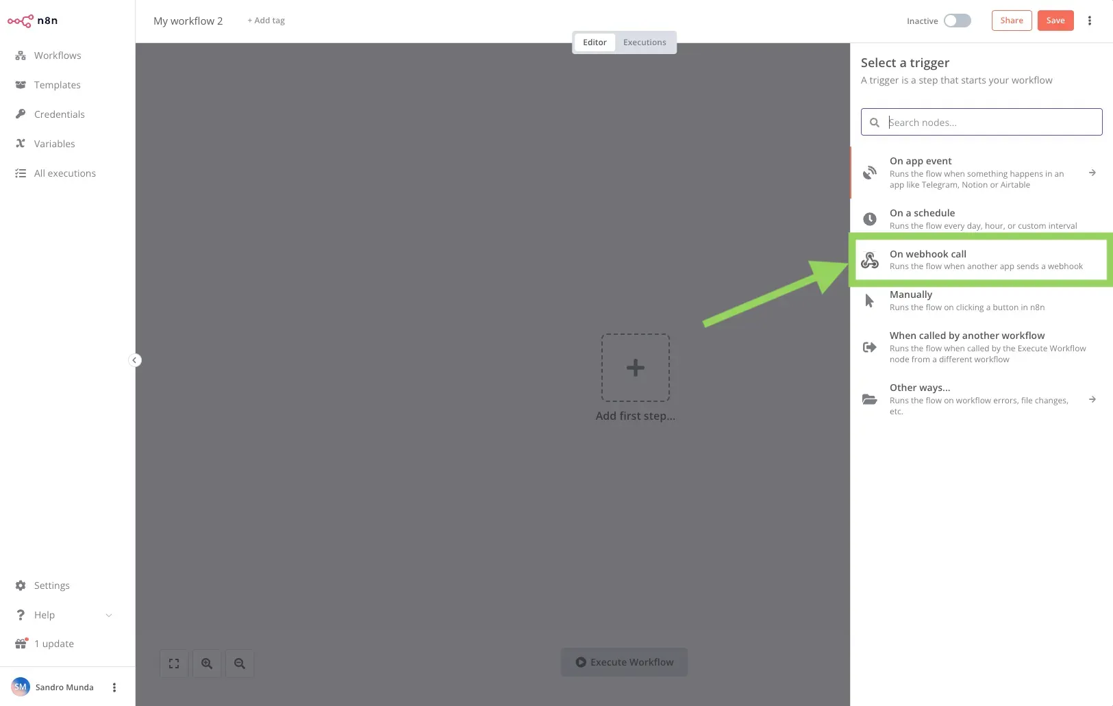 n8n workflow creation step 1