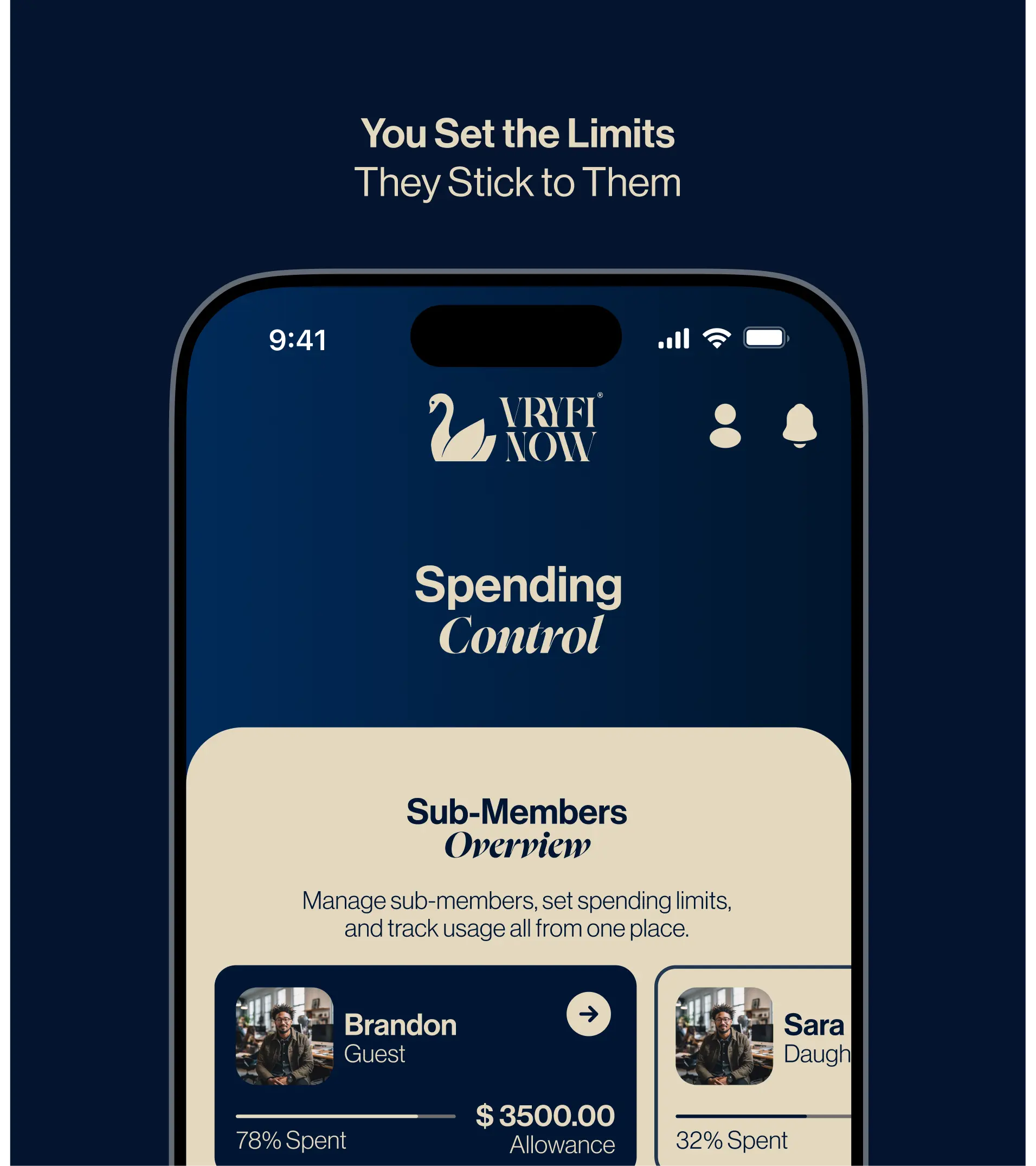 VRYFI NOW consumer app sub-member spending controls showing limits and dependent management
