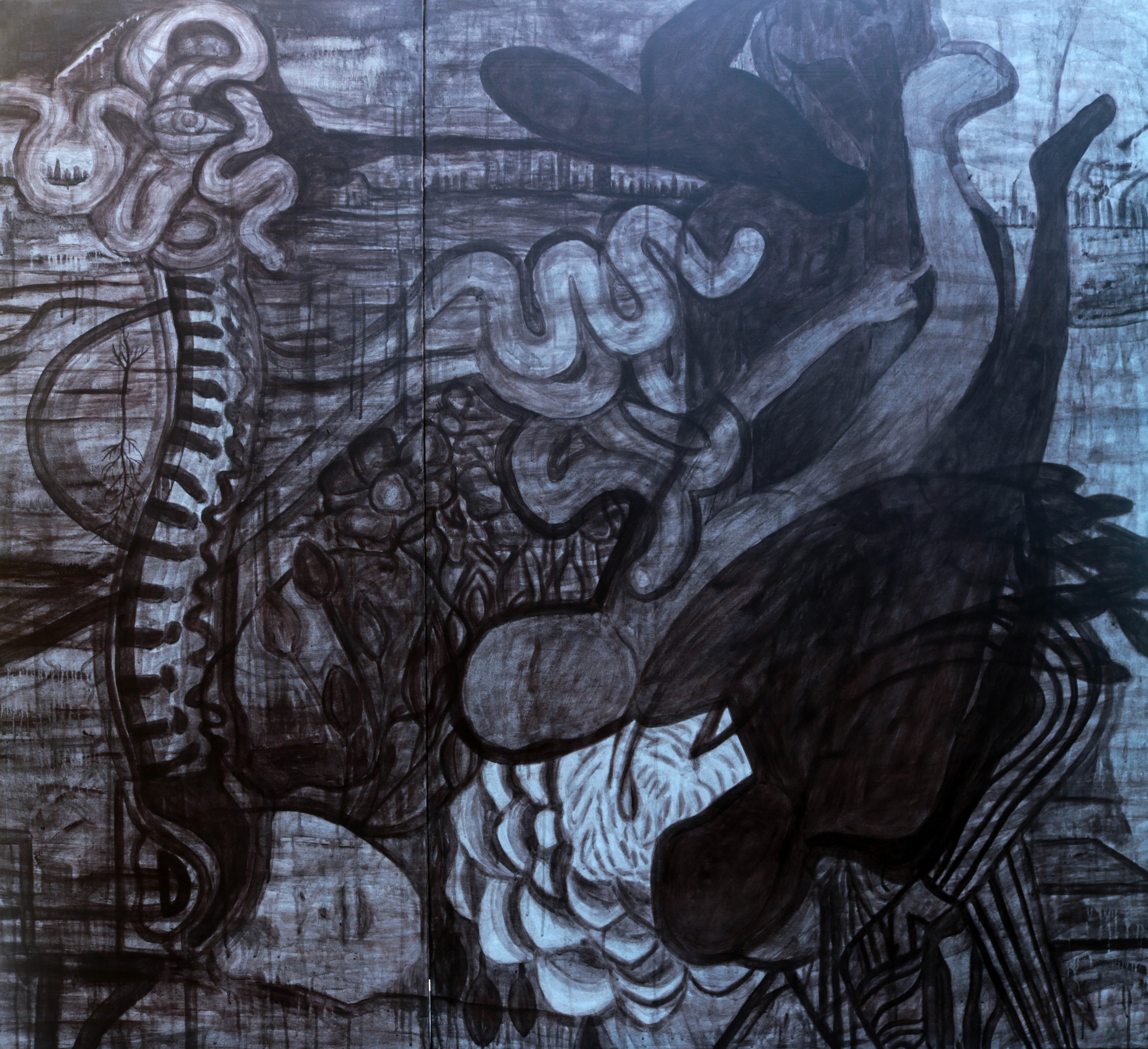 herd of sheep on road painting