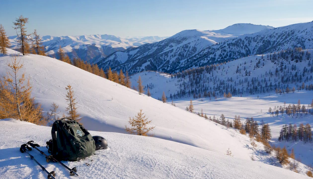 Snow-covered Western Altai mountain ridge above larch trees