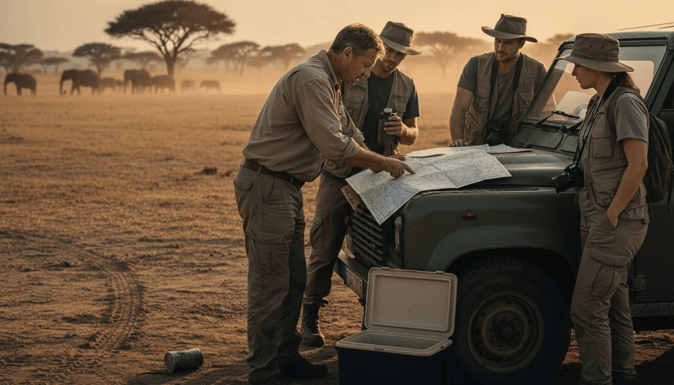 Guía especializado en safaris mostrando el recorrido en el mapa y explicando cada detalle de la ruta.
