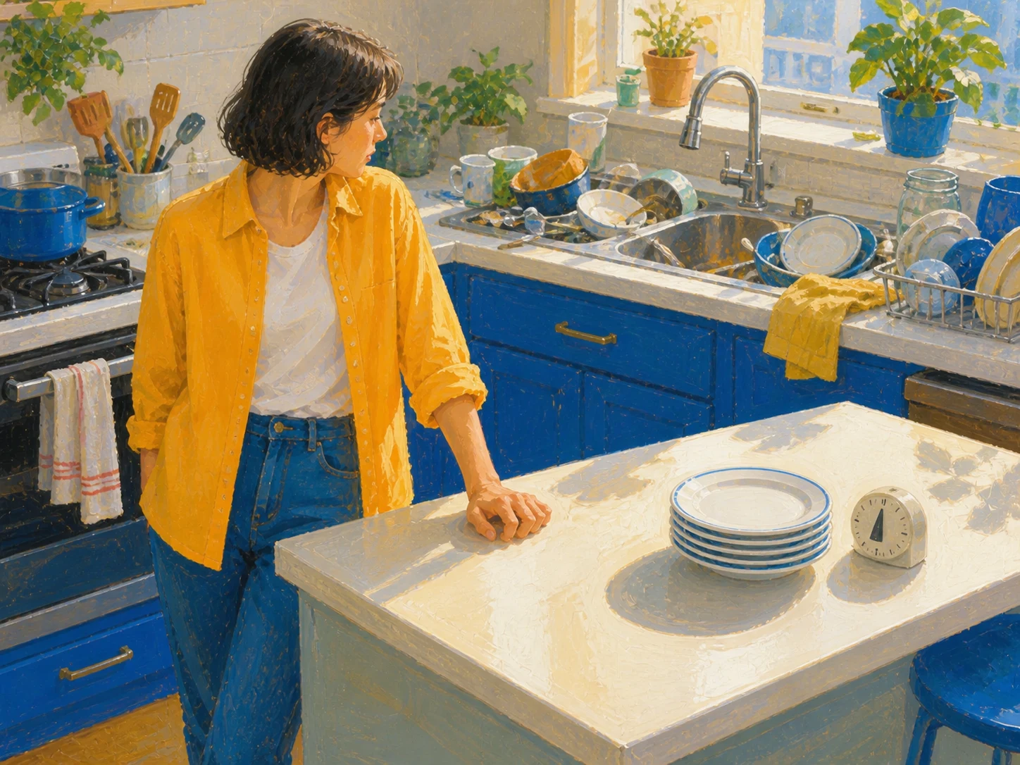 A person pauses after clearing one small section of a kitchen, with five clean plates beside a finished timer and the remaining dishes still visible.
