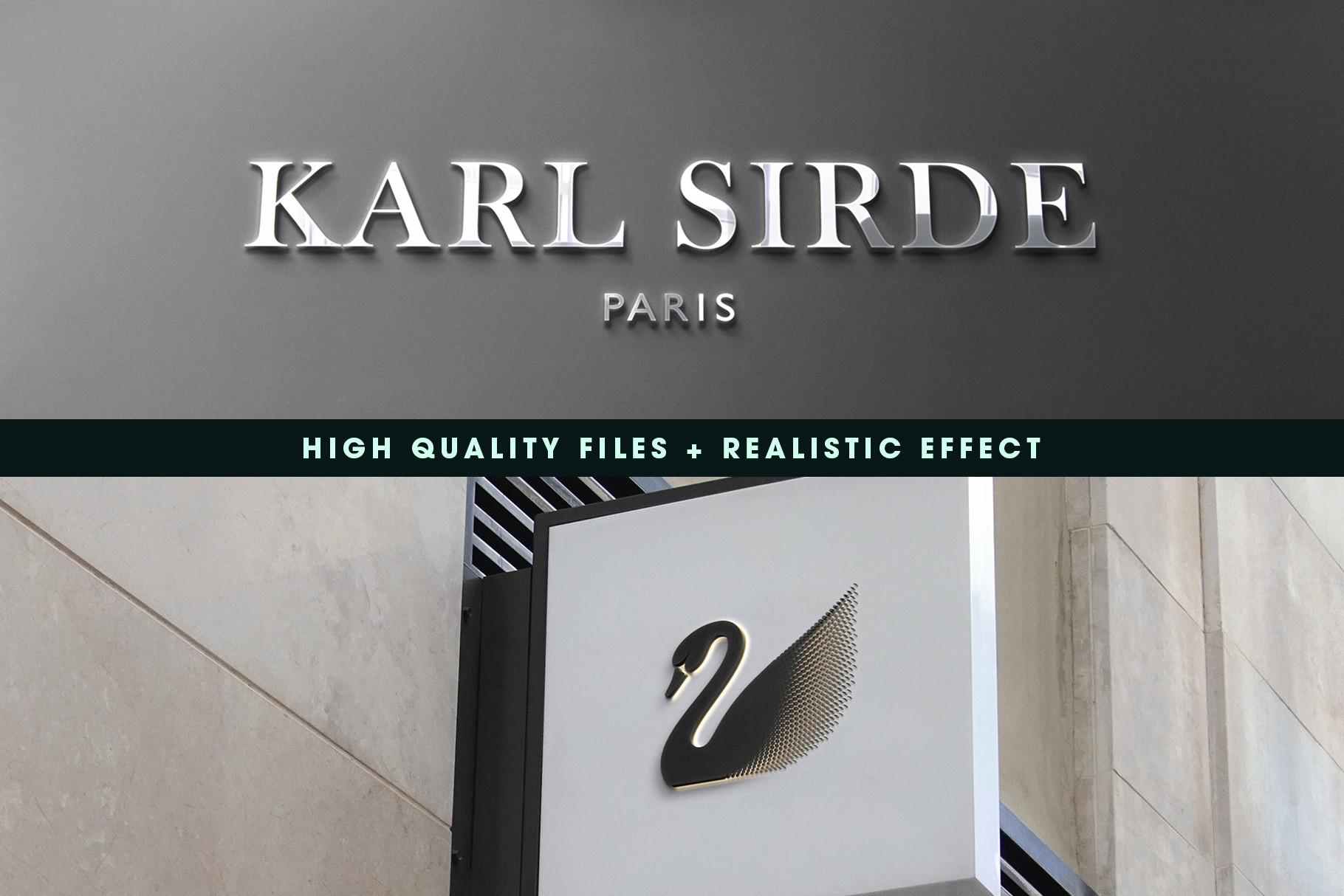 Luxury storefront signage mockup with metallic logo engraving and a modern hanging sign.