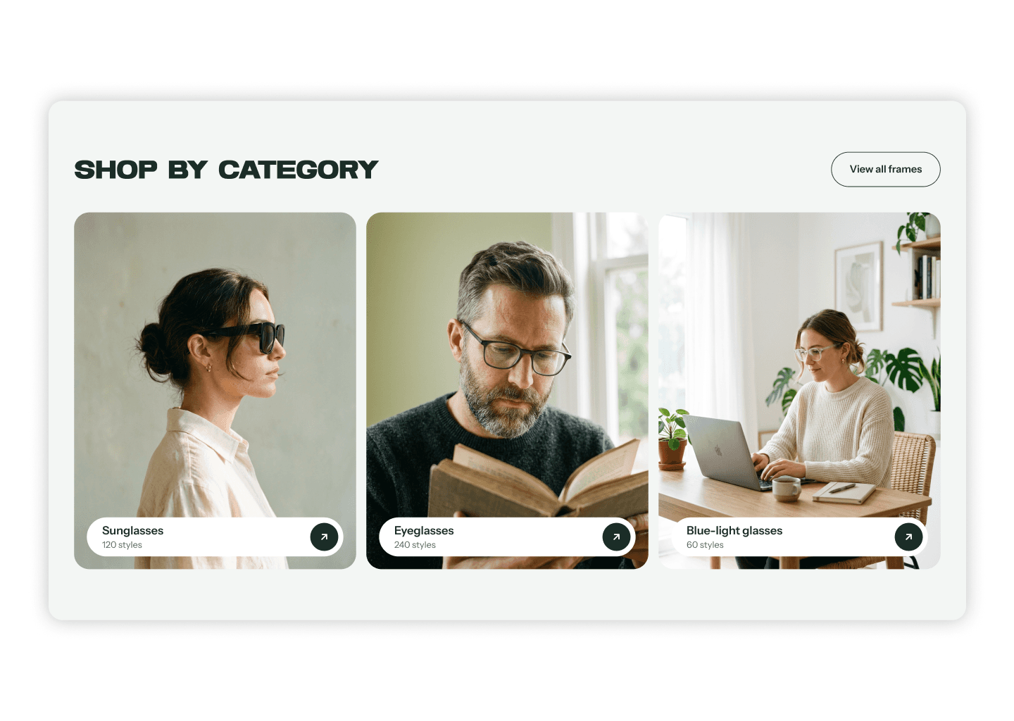 VERRE eyewear ecommerce website concept displayed on desktop, tablet and mobile, featuring sunglasses imagery and shopping buttons.