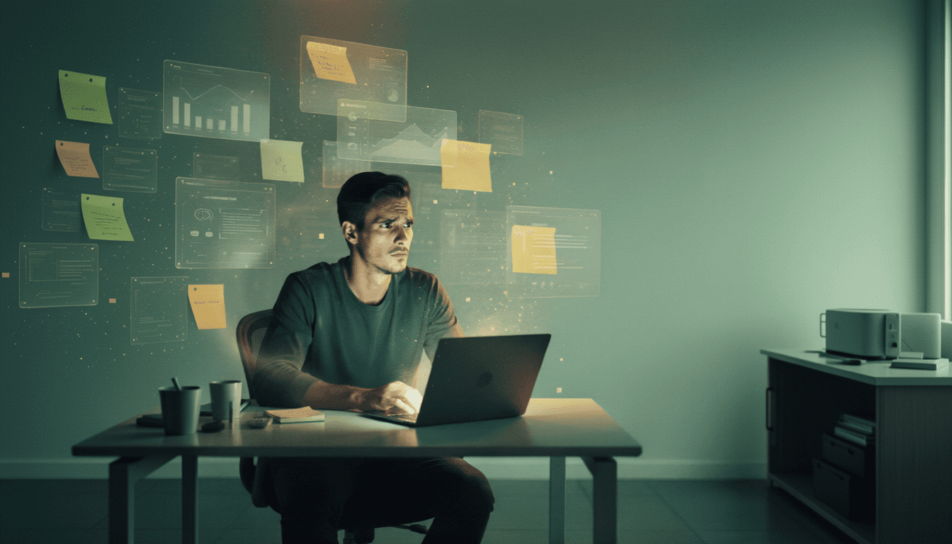 Solo founder sitting at a minimal desk surrounded by scattered notes and data fragments, looking away from their laptop screen in thought