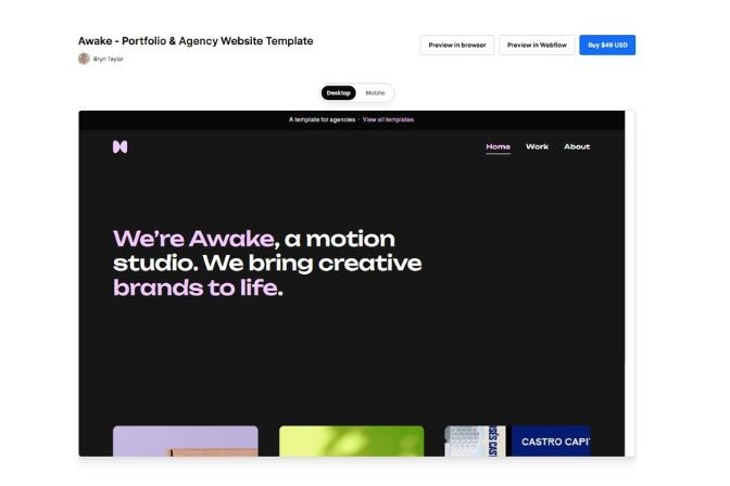 Página de la plantilla Awake con el texto We are Awake, a motion studio sobre fondo negro y una grid de proyectos al pie