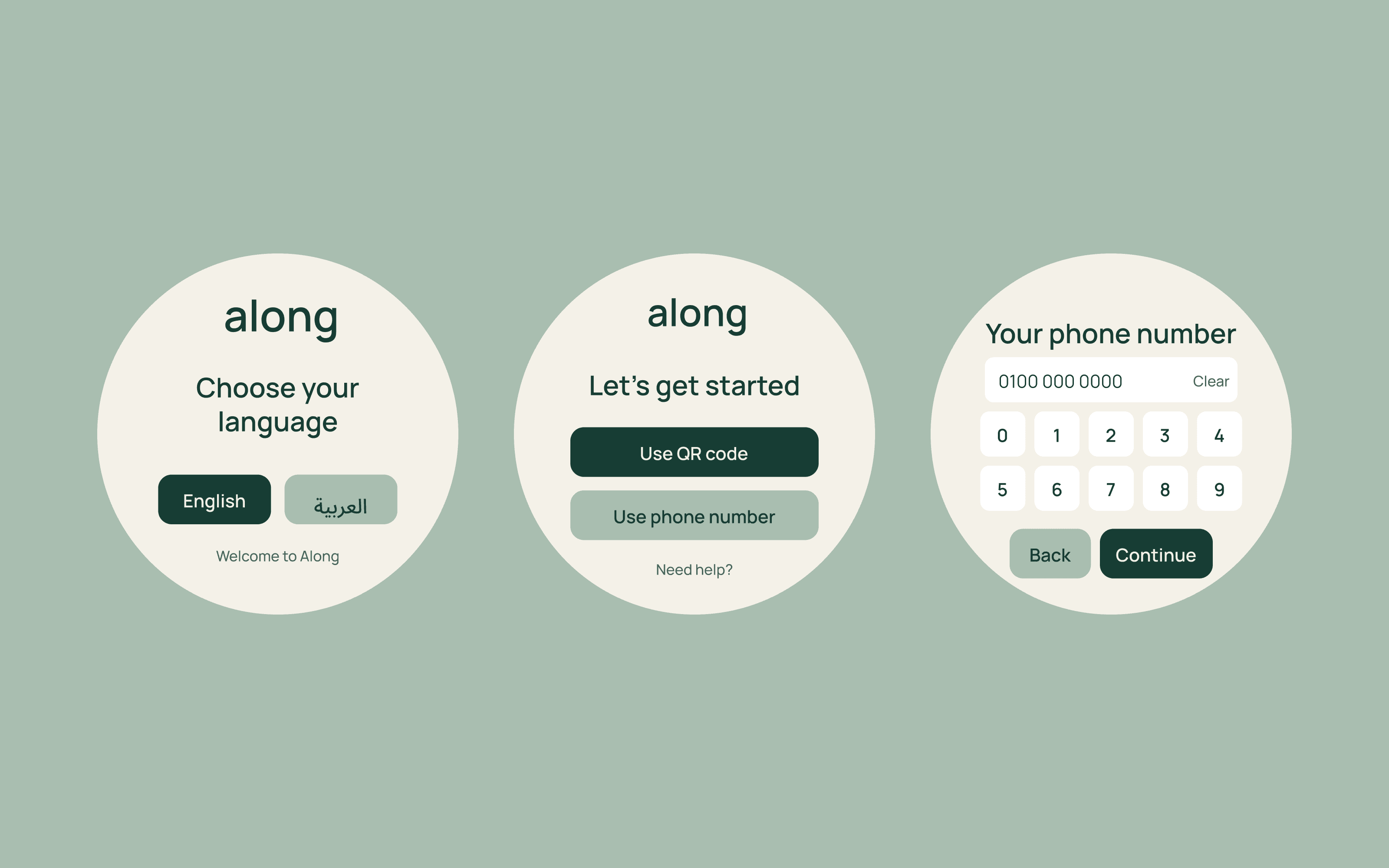 Language selection, sign-in options and phone-number entry within the circular display.
