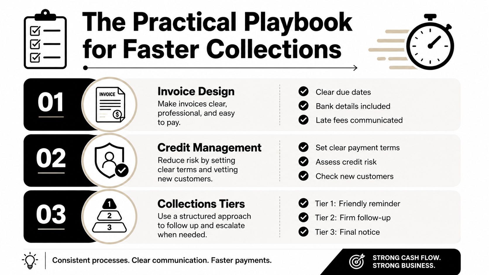 A visual guide titled The Practical Playbook for Faster Collections outlining three key steps for managing accounts receivable.