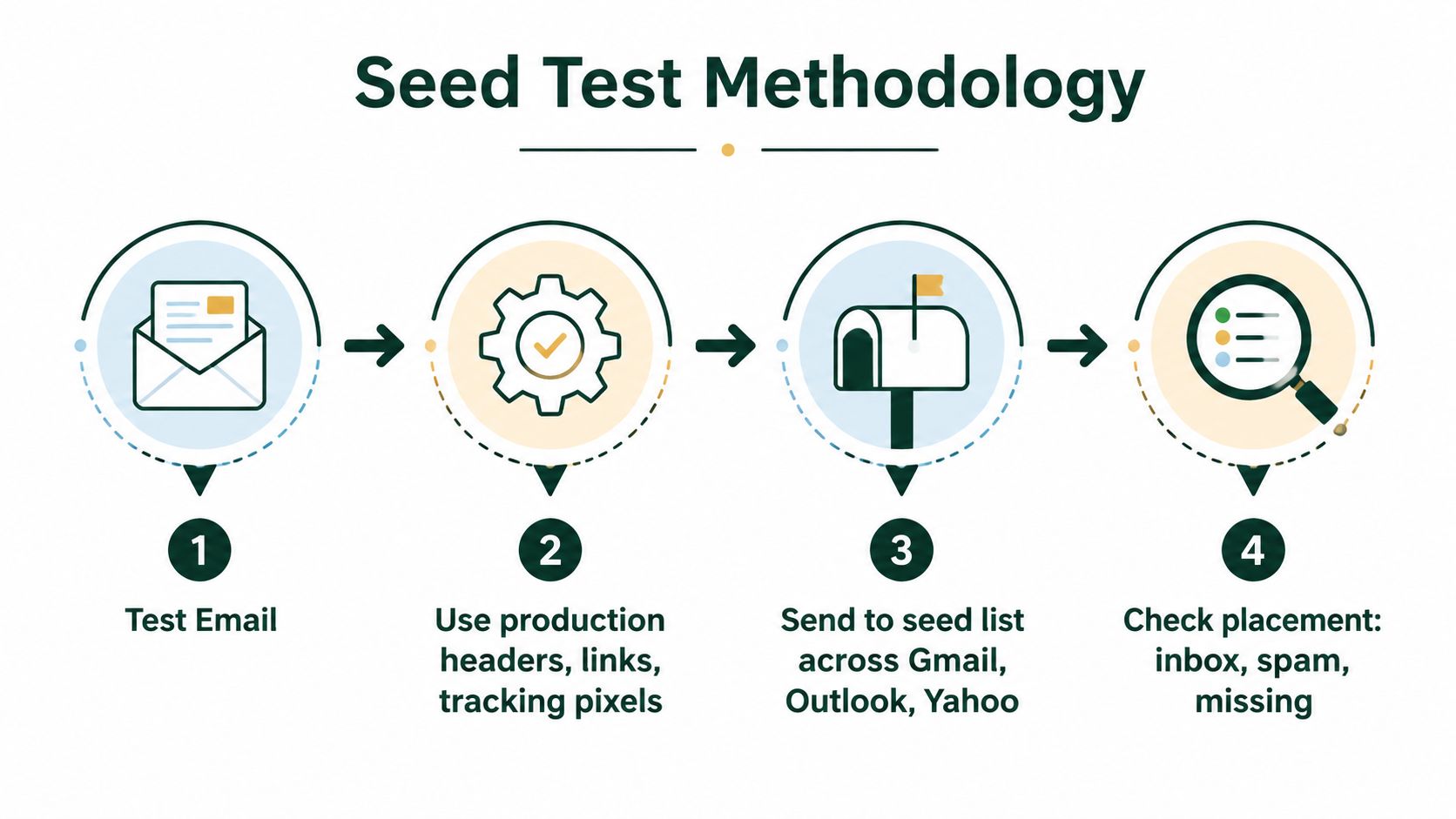 A four-step infographic illustrating the seed test methodology process for checking email deliverability and placement accuracy.