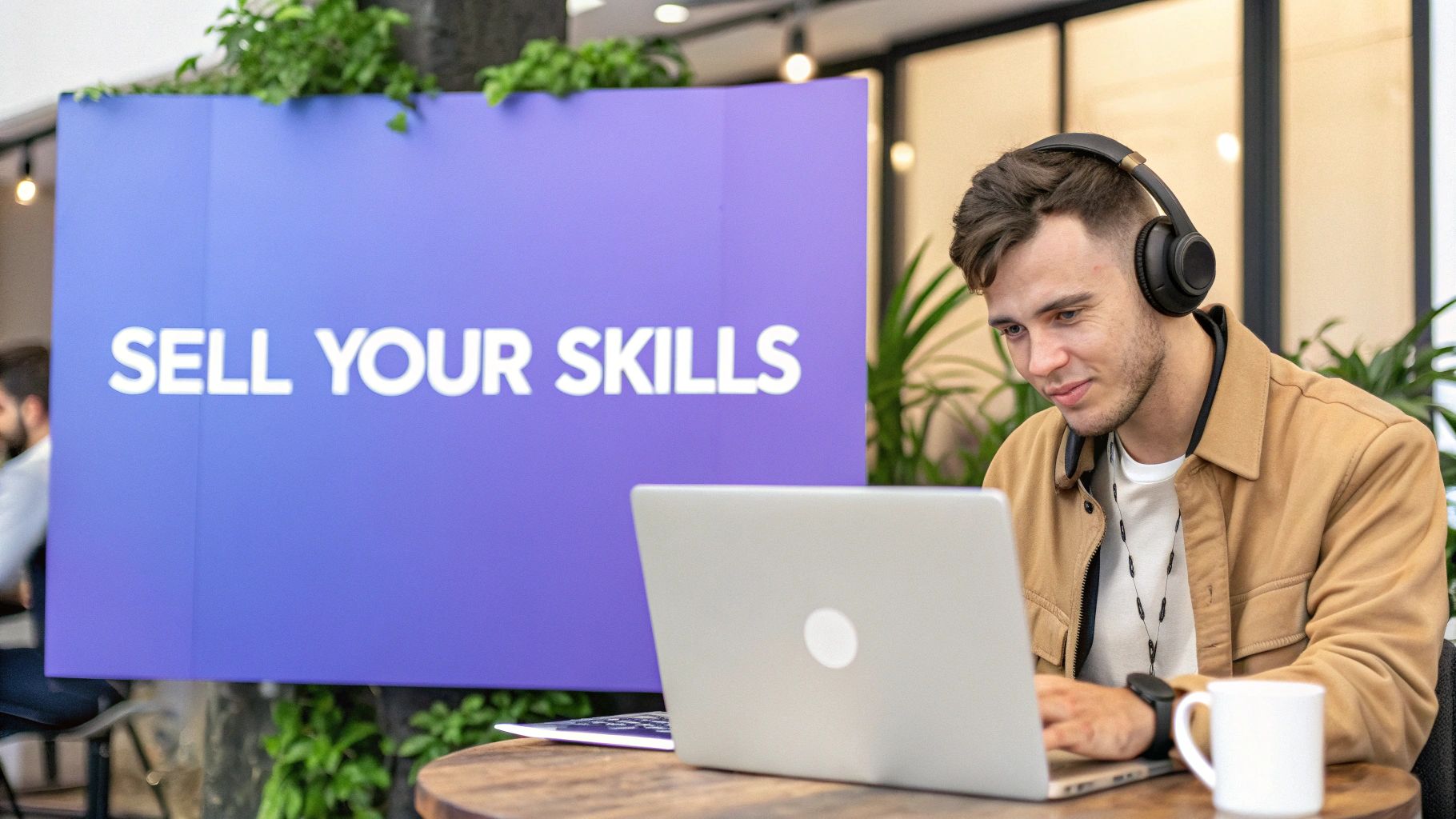 A young man wearing headphones works on a laptop, with a 