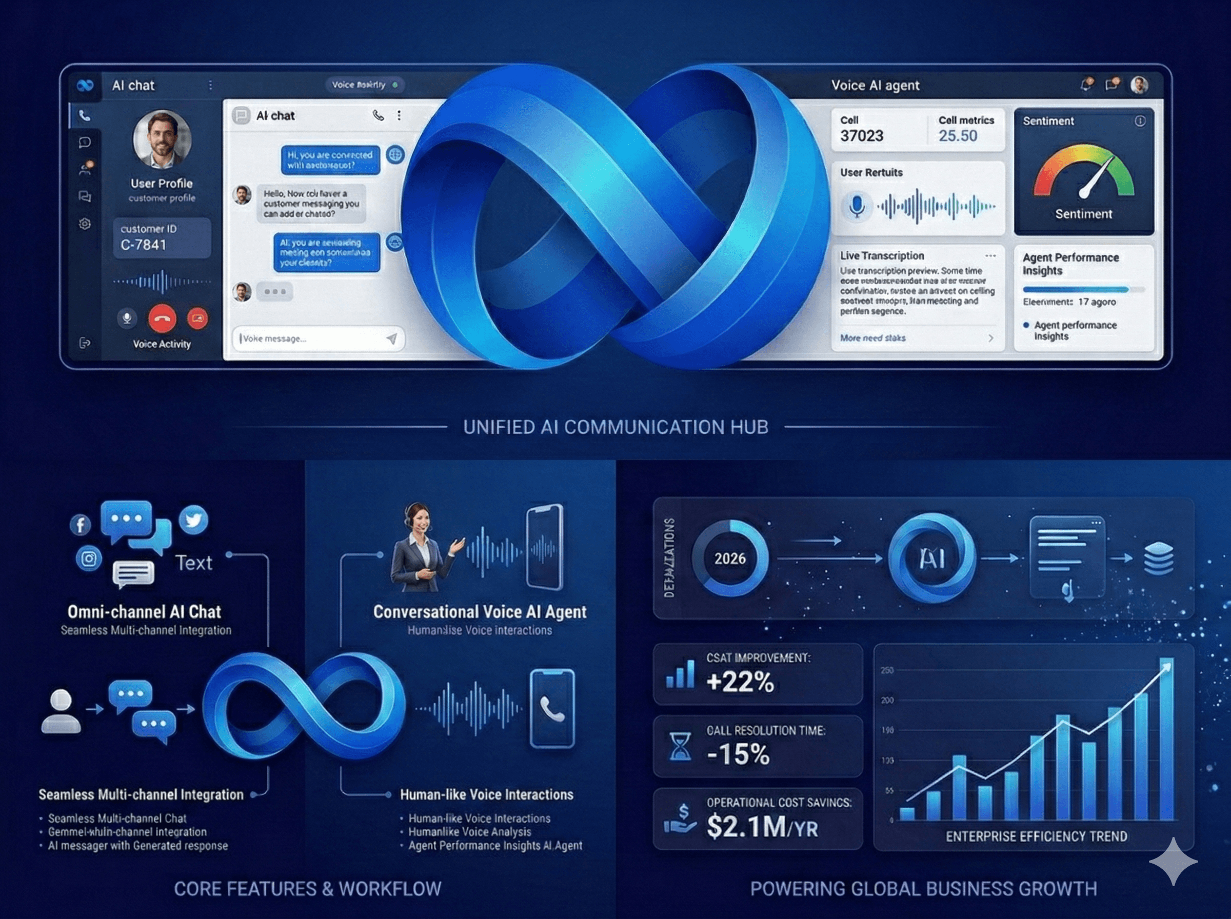 An omnichannel AI communication platform dashboard infographic with sections for chat and voice activity, core features and workflow, and enterprise efficiency metrics. The center shows a large 3D blue infinity symbol. The layout includes graphs for CSAT improvement, call resolution time, and operational cost savings-VoiceAIWrapper