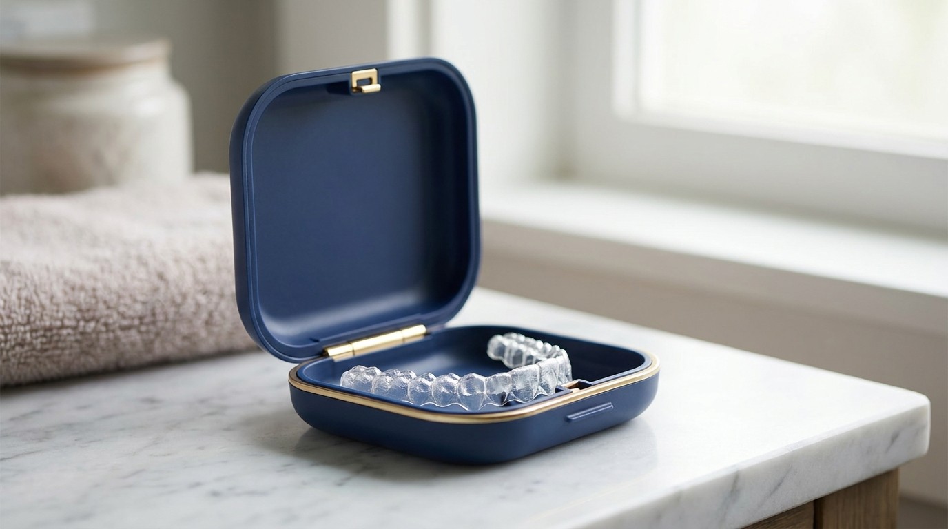 Clear retainer resting in its case on a bathroom counter