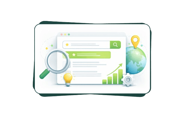 Minimalistic illustration of a search engine with a search results page, magnifying glass, globe, and growth chart inside a white card with green border, representing how search engines work.