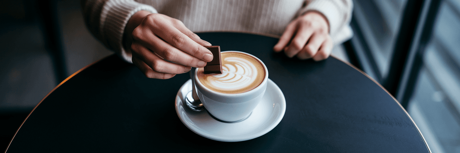Hands adding chocolate to a flat white coffee.