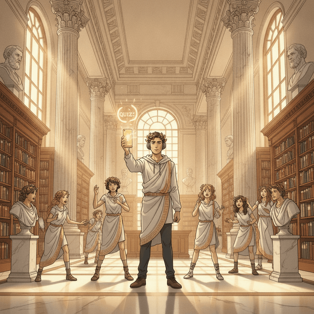 Determined student surrounded by towering stacks of real estate law books and contract binders while a glowing quiz question about property law hovers above a golden smartphone