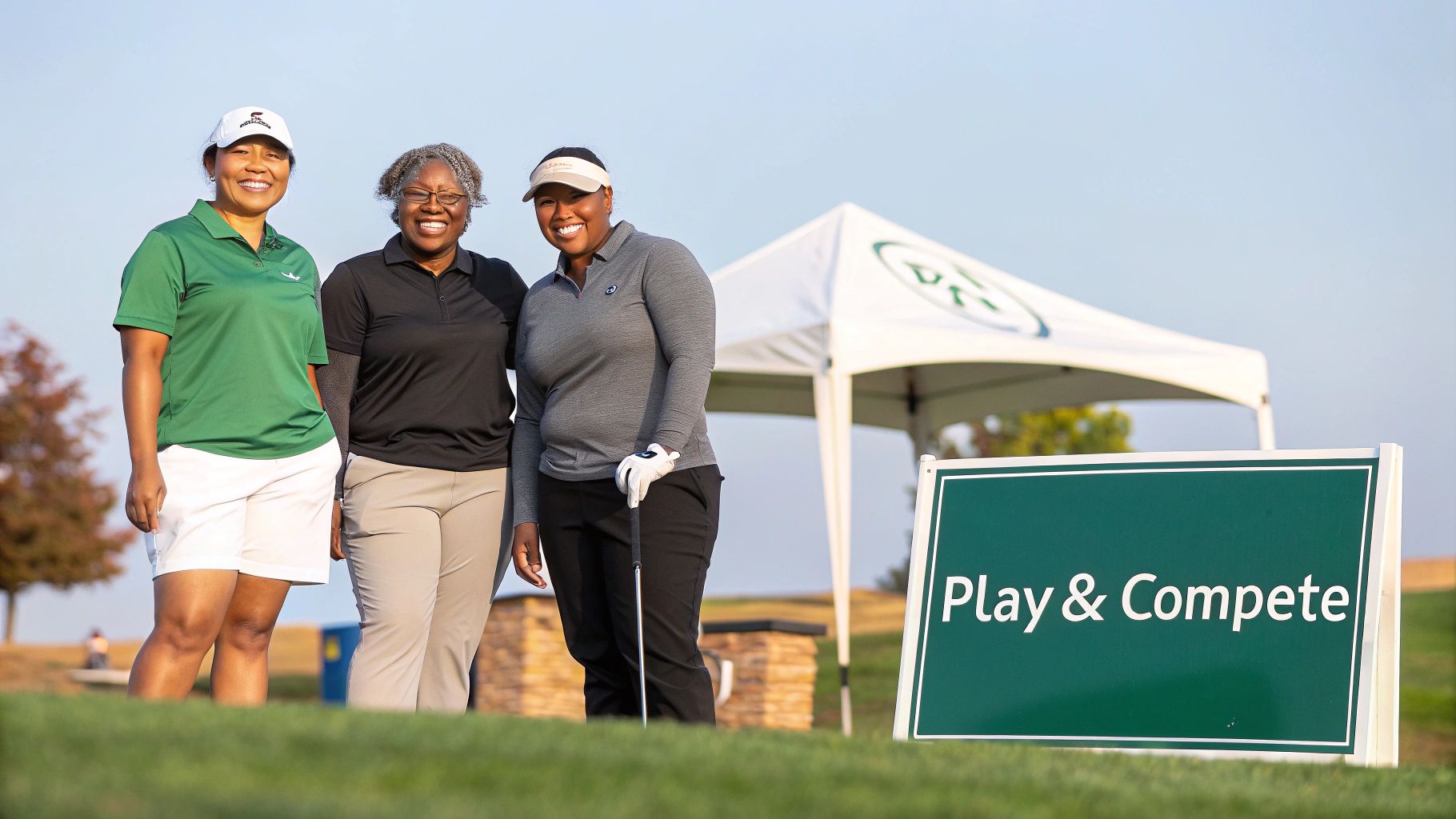 Three happy women golfers pose on a sunny course with a 