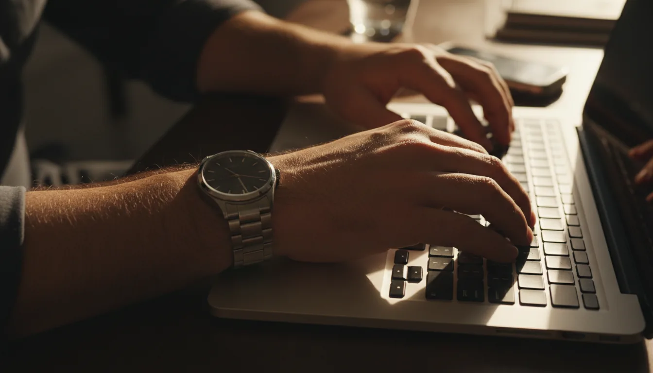 DSLR photography, cinematic medium close-up from a high-angle view, a man's hands with a metal wristwatch are typing on a modern laptop. The scene is illuminated by dramatic, warm, golden directional lighting, creating cinematic contrast and deep shadows. Sharp focus on the hands and keyboard, with a shallow depth of field, against a dark, indistinct background.