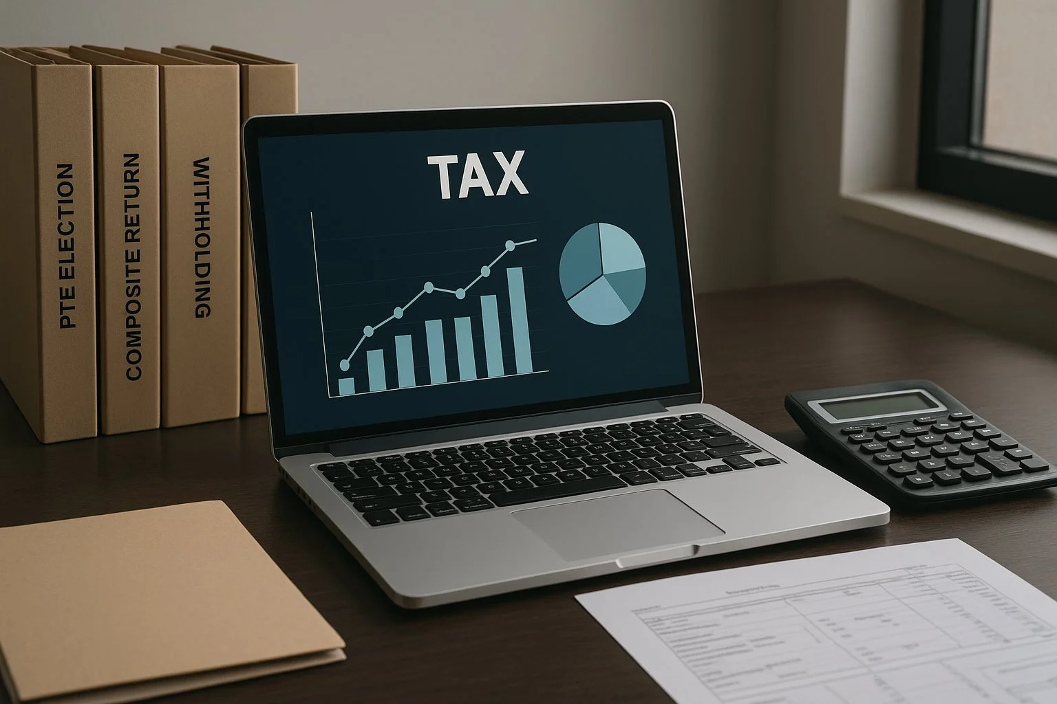 Sleek office desk with a laptop showing a digital tax chart, folders labeled “PTE Election,” “Composite Return,” and “Withholding,” with a calculator and financial papers nearby.