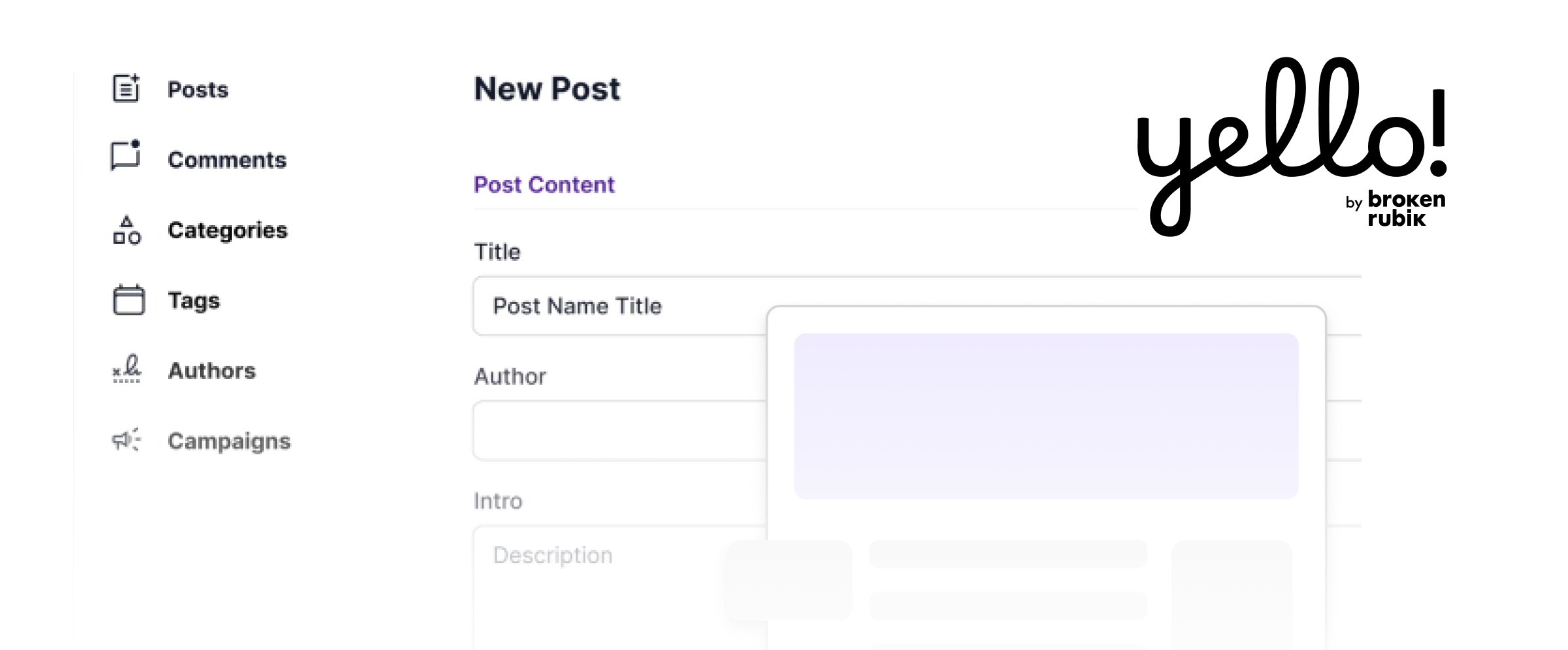 Control panel and form for creating posts in Yello!, our blog product from SuiteCommerce
