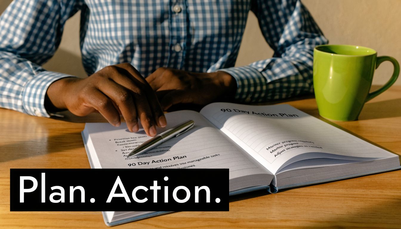 A person writing in a 90-day action plan notebook while sitting at a desk with a coffee mug.